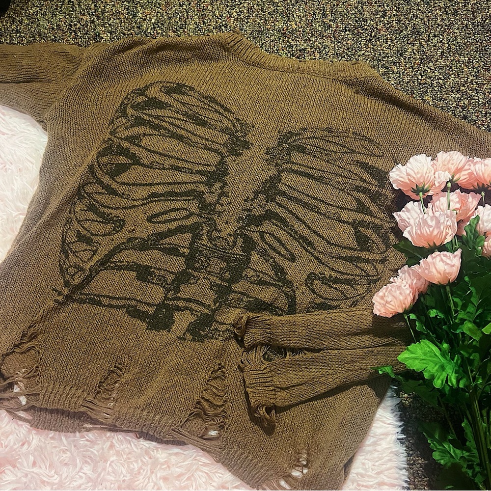 Shein Romwe Tan Long Sleeve Skull Ribcage Ripped Sweater Sz S